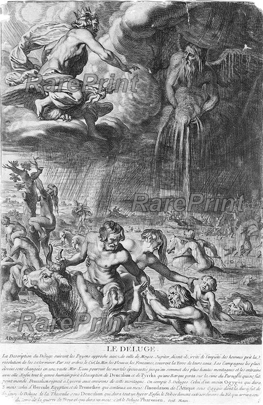 The flood, Mythological scene — engraving — &nbsp; 'Le Deluge'. 'The flood'. &nbsp; Mythological scene with Deucalion and Pyrrha seated on a bull trying ...