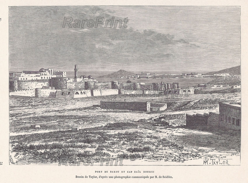 Port of Baku and Cape Bailov — engraving — &nbsp; "Port deBakou et cap Bail Bourni". Port of Baku and Cape Bailov. Antique wood engraving from 'Nouvelle g...
