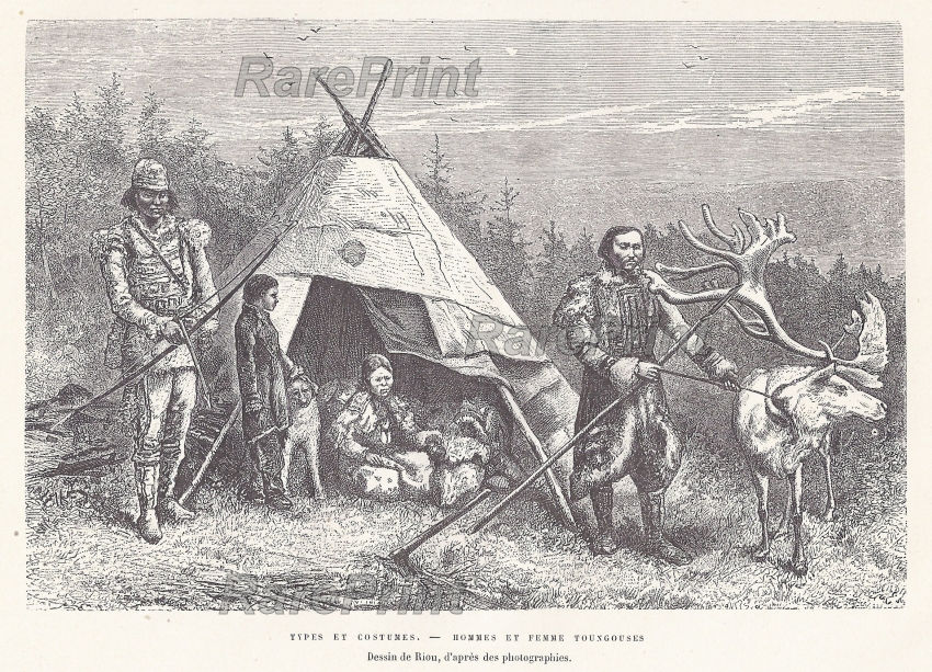 Tunguses — engraving — &nbsp; "Types et costumes. - Hommes et femme toungouses". Types and costumes. - Tunguska men and women. Technique, ...