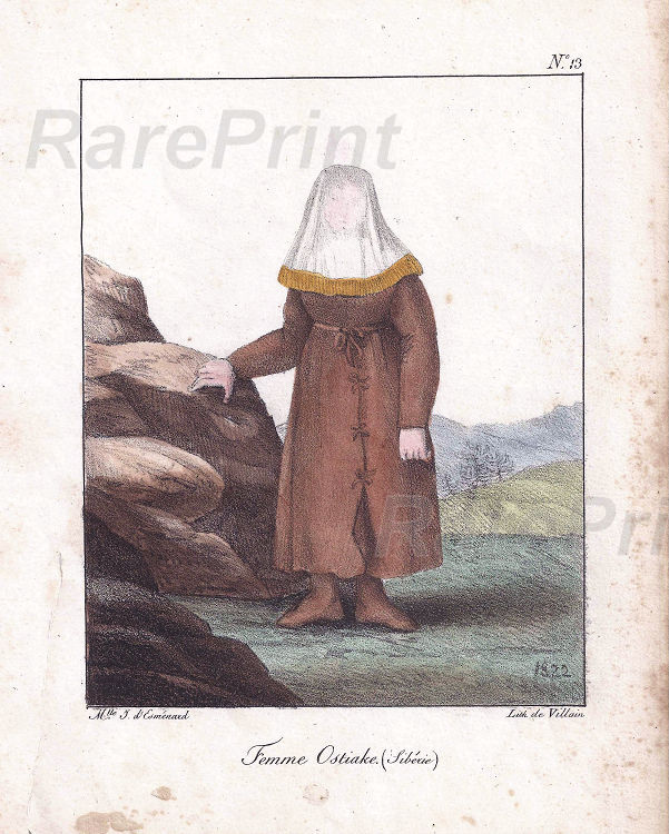 Femme Ostiake — engraving — &nbsp; "Femme Ostiake (Siberie)" Ostyaks, woman in traditional dress. &nbsp; Ostyaks is the old name of the Ob Ugri...