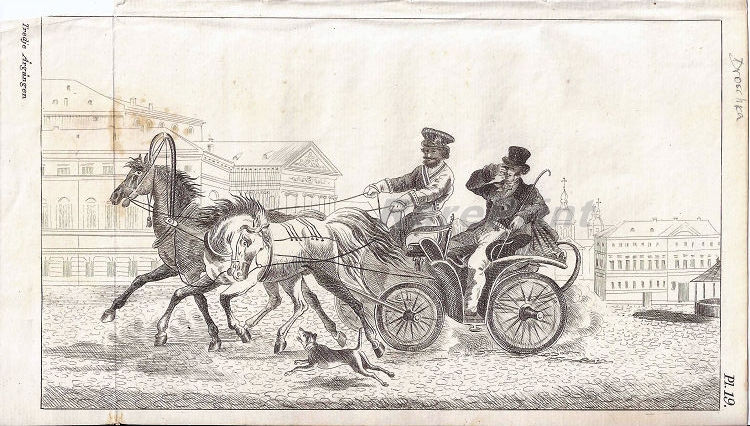 Souvenirs de Saint-Petersbourg II — engraving — &nbsp; "Souvenirs de Saint-Petersbourg", collection de lithographies. "Droshky" - Lightweight open wagon....