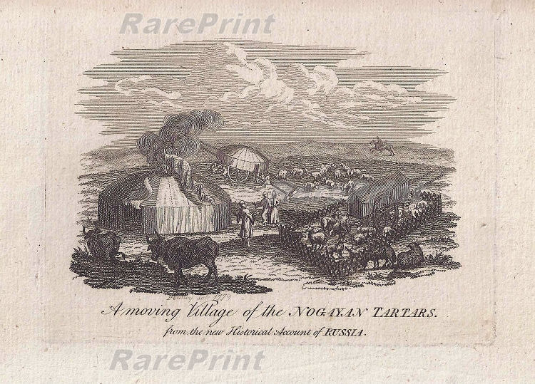 Village of the Nogayan tartars — engraving — &nbsp; "A moving village of the Nogayan tartars". Nomadic camp of the Nogai Tatars in the steppe. &nbsp; Nogai Tata...