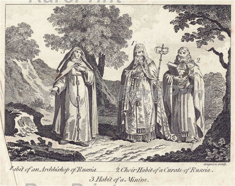 Vestments of Russian clergy — engraving — &nbsp; "Russian Dresses". In the engraving, the vestments of clergy in Rus'. 1.&nbsp;Habit of an Archbishop of ...