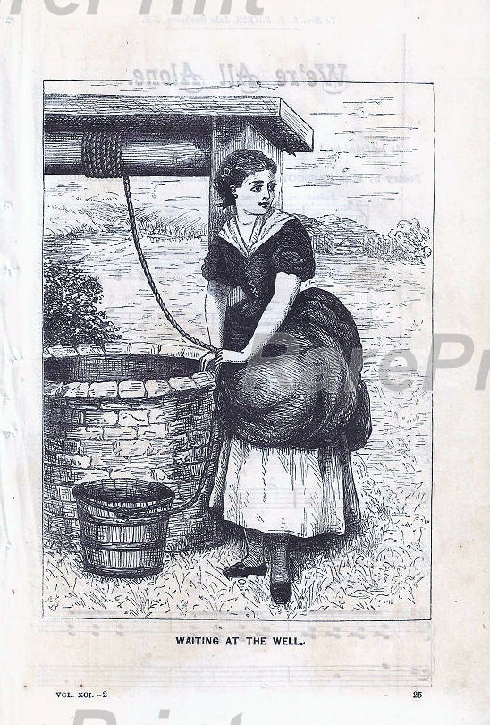 Waiting the well — engraving — &nbsp; "WAITING AT THE WELL". Antique woodcut from a vintage American women's fashion magazine from the 19th ce...