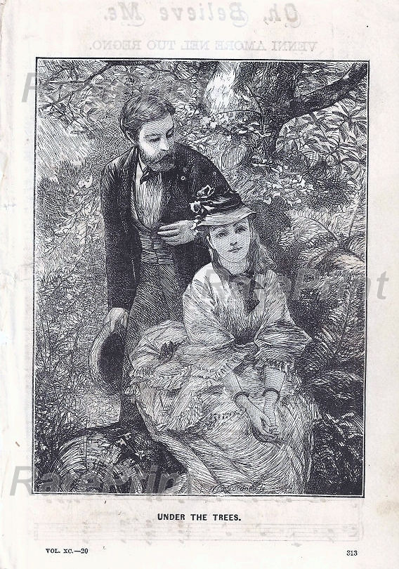 Under the trees — engraving — &nbsp; 'UNDER THE TREES'.&nbsp; Antique woodcut from a vintage American women's fashion magazine from the 19th ce...