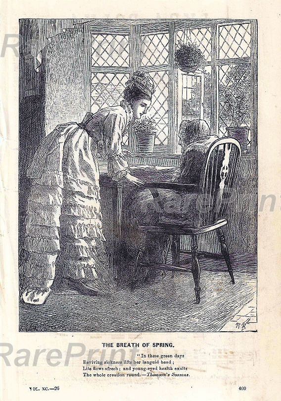 The breath of spring — engraving — &nbsp; "THE BREATH OF SPRING". "In these green days Reviving sickness lifte her languid bond : Life Howe afres...