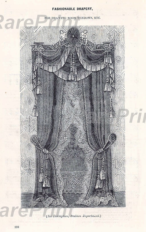 Fashionable drapery for windows — engraving — &nbsp; 'FASHIONABLE DRAPERY, FOR DRAWING ROOM WINDOWS, ETC'. (See Descrigout, Fashion Department.) &nbsp; Antique dra...