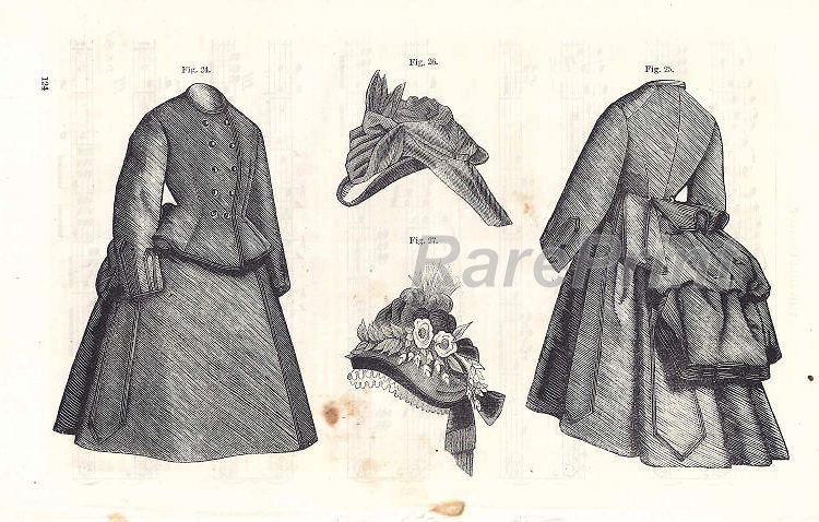 Vintage fashion, Jackets and hats — engraving — &nbsp; Vintage fashionable women's outerwear and hats. Jackets and hats. Antique woodcut from a vintage American women...