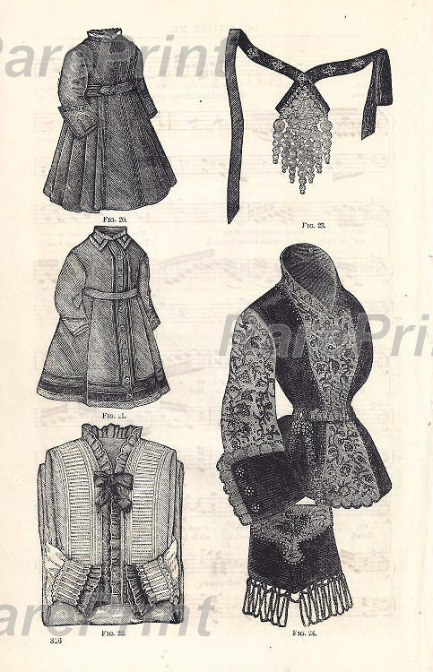 Vintage fashion, Jackets and necklaces — engraving — &nbsp; Vintage fashionable women's outerwear and accessories. Jackets and velvet necklaces. Antique woodcut from a vintag...