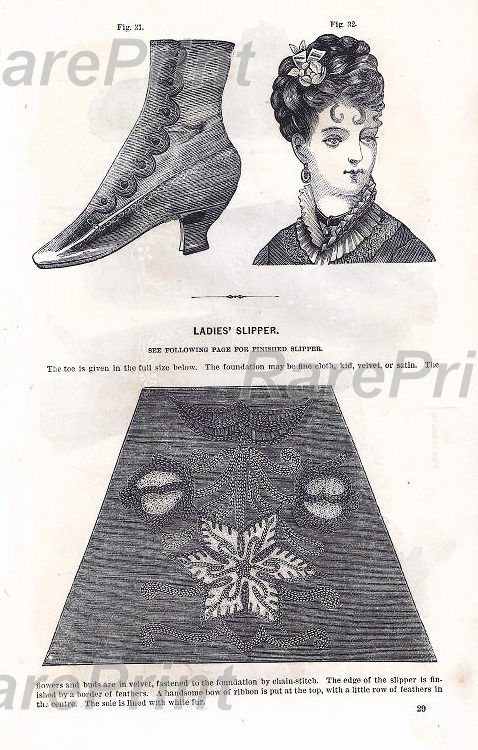 Vintage Ladies slipper — engraving — &nbsp; 'LADIES' SLIPPER. SEE FOLLOWING PAGE FOR FINISHED SLIPPERS'. The toe is given in the full size below. The ...