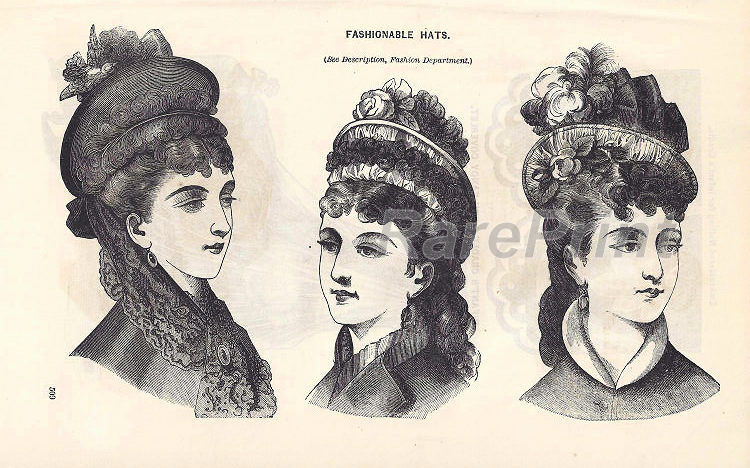 Fashionable hats — engraving — &nbsp; 'FASHIONABLE HATS'. (Ses Description, Fhansen Department.) &nbsp; Vintage fashionable women's hats. Antiqu...