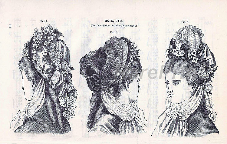 Women's hats with flowers — engraving — &nbsp; 'HATS, ETC'. (Uses Description, Fashion Department.) &nbsp; Vintage fashionable women's hats decorated wit...