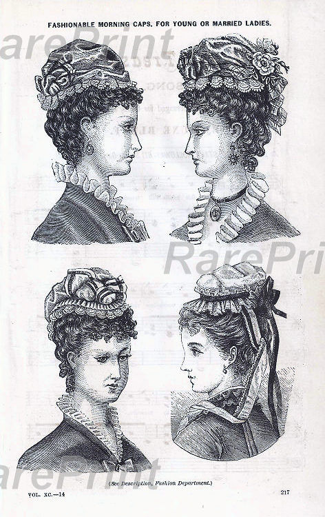 Vintage women's caps — engraving — &nbsp; FASHIONABLE MORNING CAPS. FOR YOUNG OR MARRIED LADIES. (See Description, Pushion Department.) &nbsp; Vintage fashionab...
