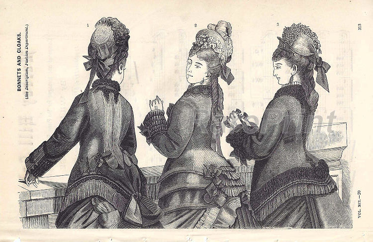 Vintage bonnets and cloaks — engraving — &nbsp; 'BONNETS AND CLOAKS'. &nbsp; Vintage fashionable women's hats (bonnets) and capes. Antique woodcut from a ...