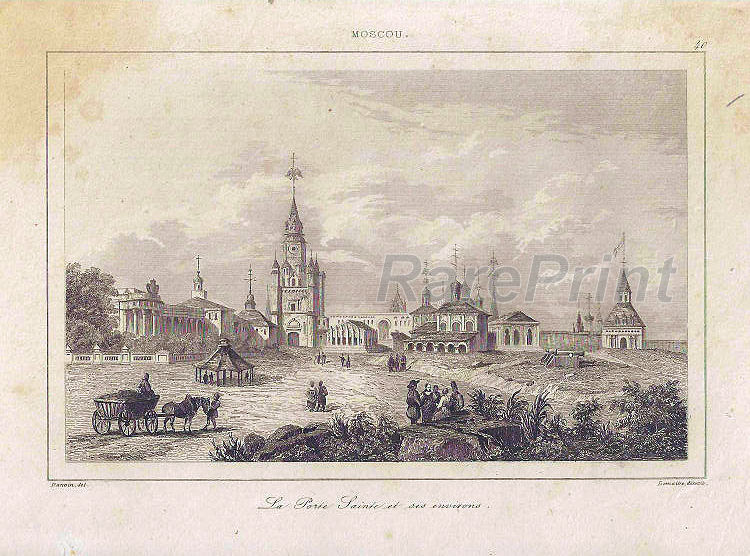Passion Monastery gate — engraving — &nbsp; "La Porte Sainte et ses environs". Moscow. Passion Monastery gates and surroundings. &nbsp; The Passionate M...