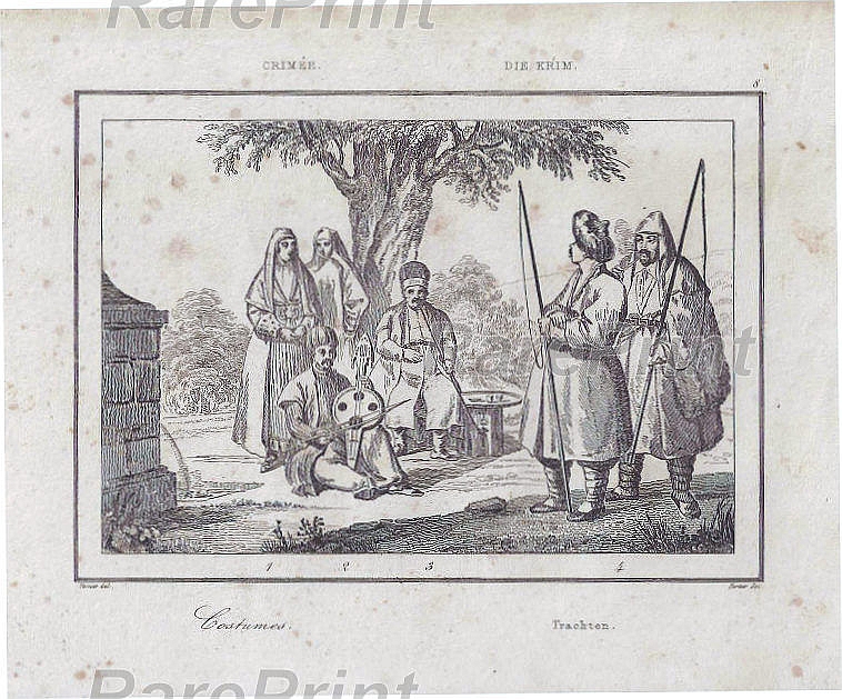 Crimean Tatars — engraving — &nbsp; "Costumes Trachten'. Crimean Tatars, Fisherman, Musician &nbsp; Crimean Tatar national costume. Elements of a...