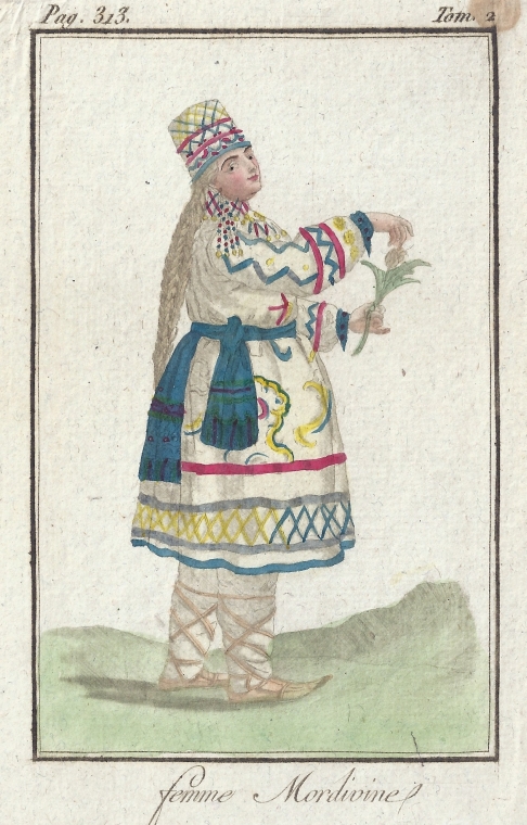 Mordovian woman — engraving — &nbsp; Mordovian woman. "Femme Mordivine". Antique copper engraving from a book "Costumes Civils Actuels de To...