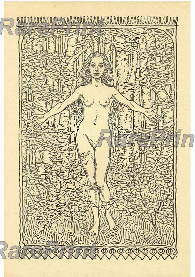 Nude in the forest — engraving — &nbsp; Nude in the forest. &nbsp; Technique, Material:&nbsp;Woodcut / Paper Artist: Hugo Hoppener (Fidus) ,&nbsp; Engraver:&n...