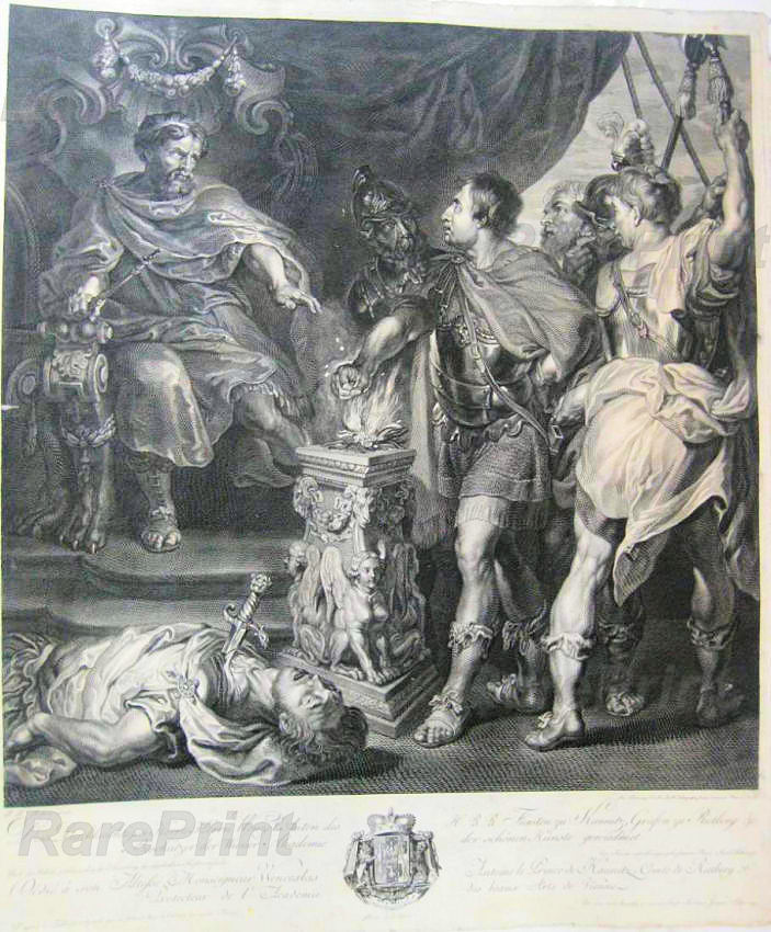 Mucius Scaevola before Porsenna — engraving — &nbsp; 'Mucio Escevola ante Porsena'. &nbsp; Gaius Mucius Scaevola is a Roman hero, a patrician youth. Lived in the R...