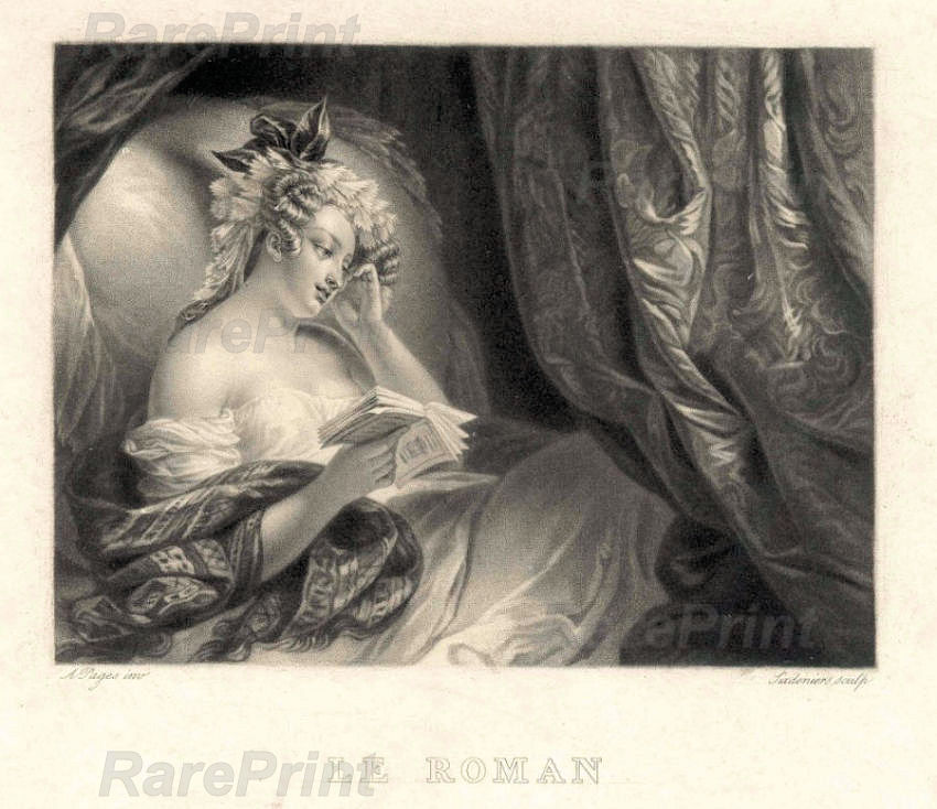 Le Roman — engraving — "Le Roman" &nbsp; Aquatint after Mrs. Christian Brune, born Aim&eacute;e Pag&egrave;s (1803-1866). &nbsp; Technique...