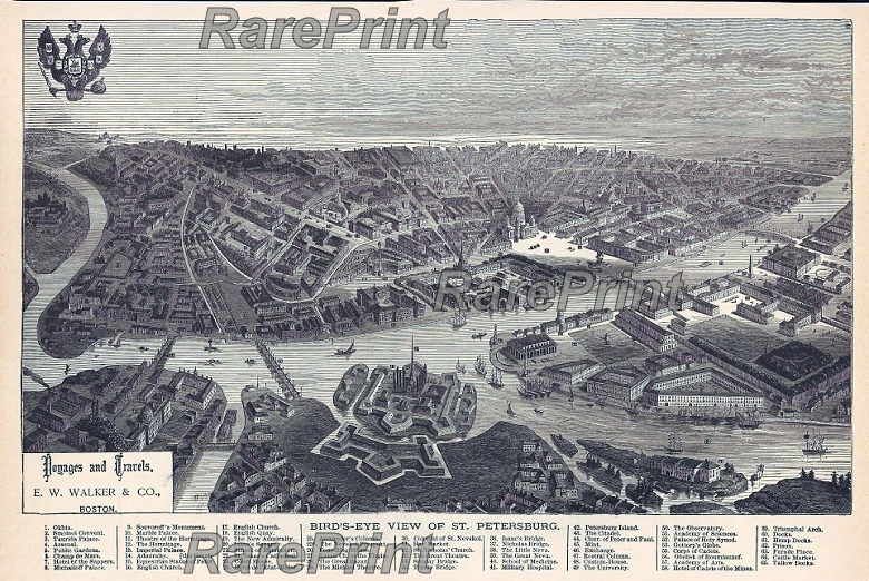 Saint Petersburg from a bird's eye view — engraving — 'Birds-eye view of St. Petersburg'. 'Saint Petersburg from a bird's eye view'. Antique map - plan of the ...