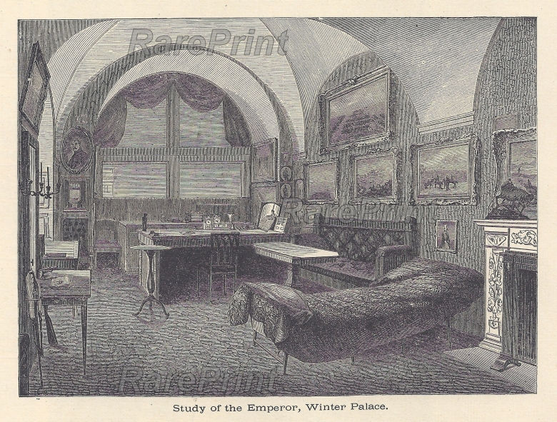 Study of the Emperor Nicholas I — engraving — &nbsp; 'Study of the Emperor, WinterPalace'. St.Peterburg, Russia. &nbsp; Small Study of Nicholas I - study and bedro...