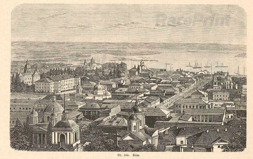 Kiev from a bird's eye view — engraving — 'Kiev'.&nbsp;Ukraine. The engraving shows a panoramic, historical view of Kiev from a bird's eye view. &nbsp; Kie...