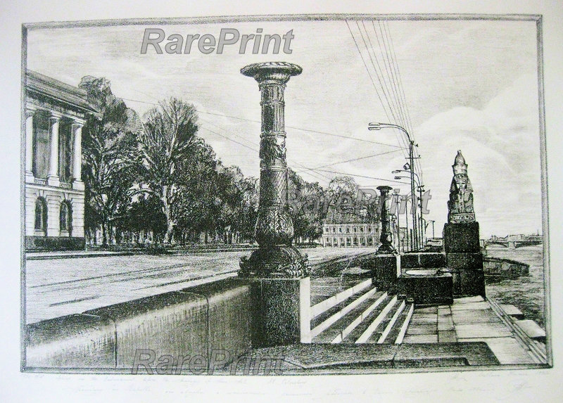 St. Petersburg, Academy of Arts — engraving — &nbsp; View of the Academy of Arts and the Neva River from Vasilievsky Island in St. Petersburg, Russia. &nbsp; Technique, Ma...