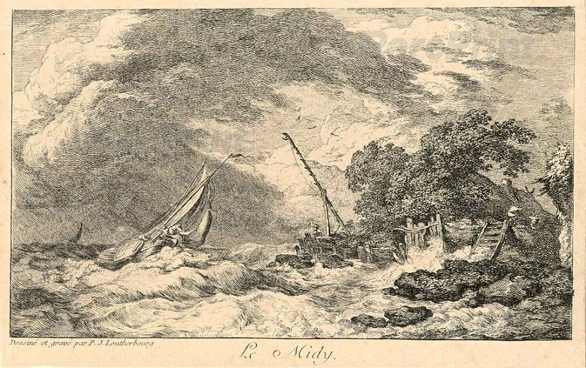 Le Midy — engraving — "Le Midy" Marine, four parts of the day, "&nbsp;Noon". Antique copper engraving "Le Midi" (noon...