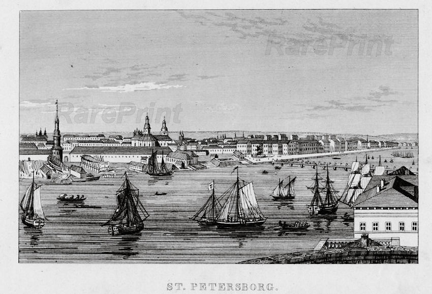 St. Petersburg view of the Neva and the Admiralty — engraving — &nbsp; St. Petersburg panorama, view of the Neva and the Admiralty, from Hare Island, from the tower of the Peter and Paul Fo...