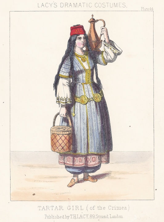 Tatar girl — engraving — &nbsp; TARTAR GIRL (of the Crimea). Dressed in national clothes. &nbsp; From Thomas Hales Lacey's Historical, Heavy and D...