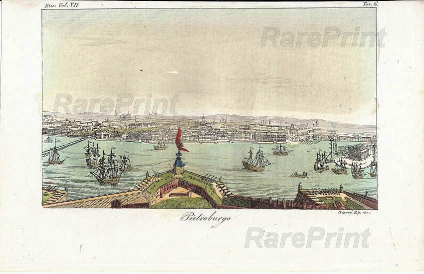 St. Petersburg, city view — engraving — &nbsp; 'Pietrobrgo'. &nbsp; St. Petersburg, city view 1826. Panorama of St. Petersburg from the height of the spire o...