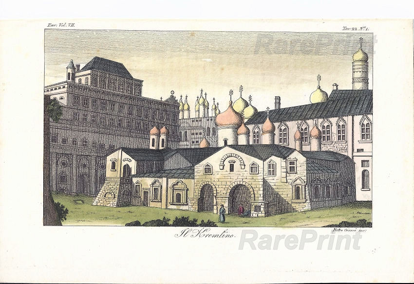 Kremlin — engraving — &nbsp; "Il Kremlino" View of the Kremlin, Moscow, 18th century. Showing the Grand Kremlin Palace, Annunciation Cath...