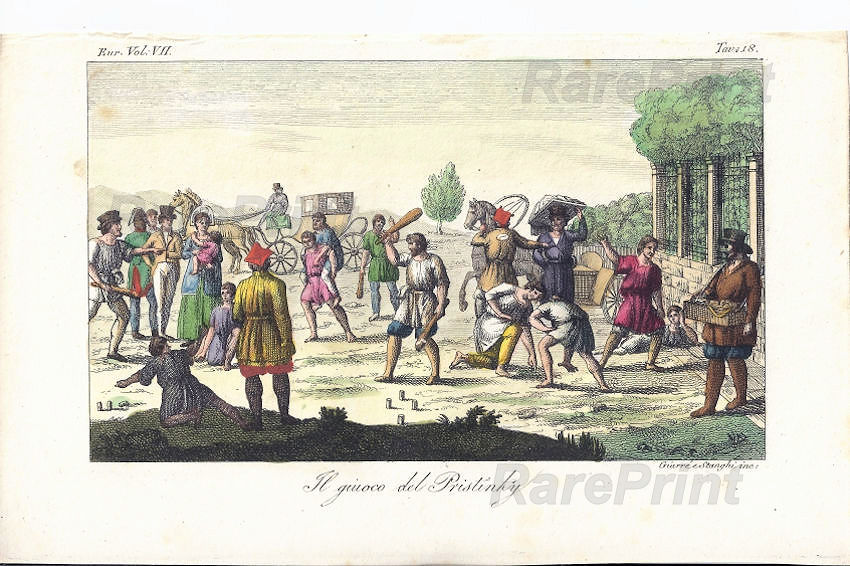 game of Pristinky — engraving — &nbsp; " Il giuoco del Pristinky" Russian peasants playing the game of Pristinky&nbsp;("Chika", "Zam...