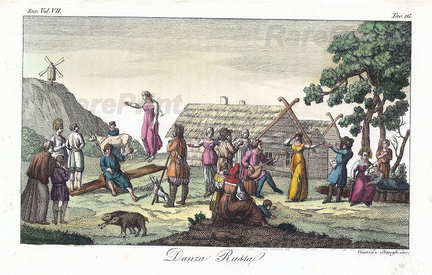 Russian dance — engraving — "Danza Russa" Russian dance.&nbsp;Folk festivals in the village.&nbsp;Antique copper engraving. &nbsp; Technique, M...
