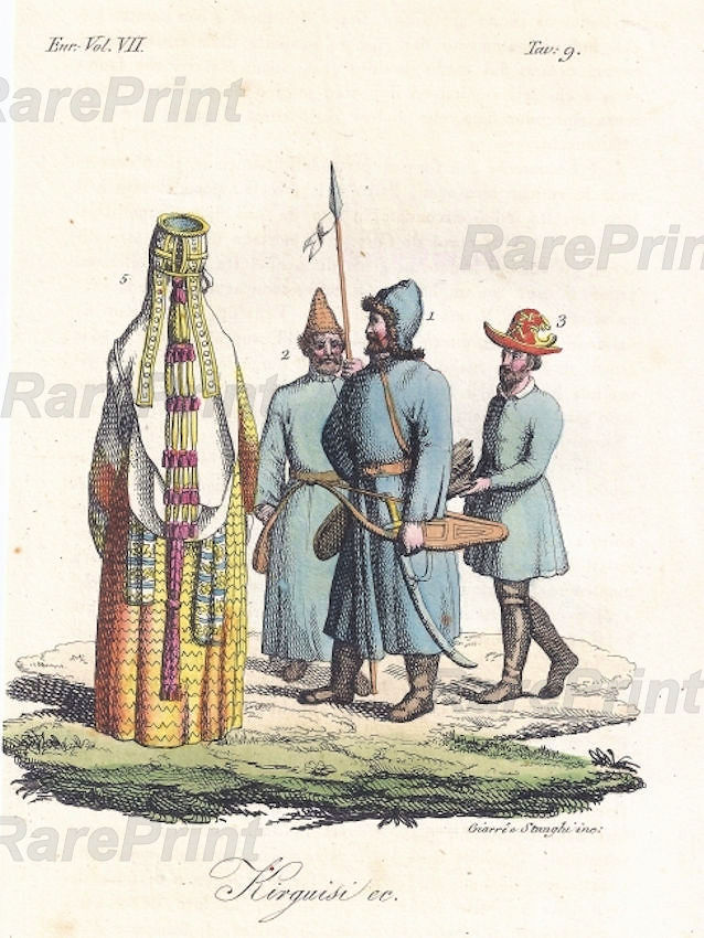 Costumes of Kyrgyz II — engraving — &nbsp; 'Kirguisi es.' Costumes of Kyrgyz men with their distinctive hats, and a rear view of a woman in robes with sh...