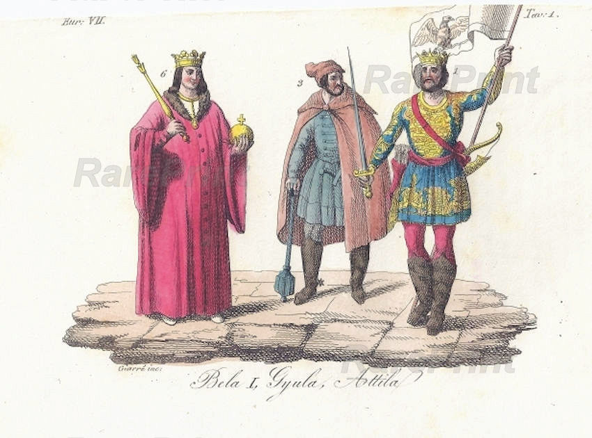 Rulers of Hungary — engraving — &nbsp; "Bela I, Gyula, Attila" "Rulers of Hungary: King Bela I the Champion 6, Gyula III 4, and Attila the Hun...