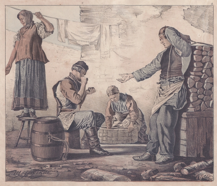 Firewood carrier — engraving — &nbsp; Firewood carrier. The lithograph depicts: The carpenter's wife, a water carrier from Vasilyevsky Island, a seamstr...