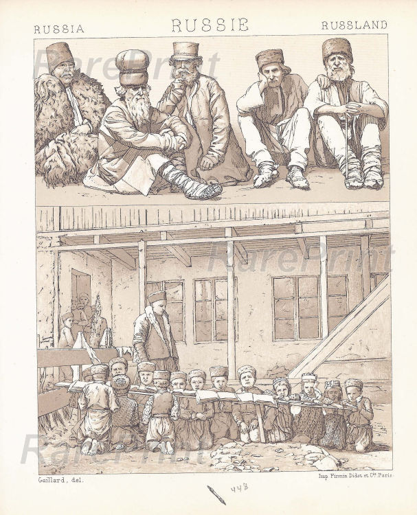 Russian peasants — engraving — &nbsp; 'Russie'. Russian peasants, in traditional clothes. School in a Tatar village. &nbsp; Technique, Material:&nbs...