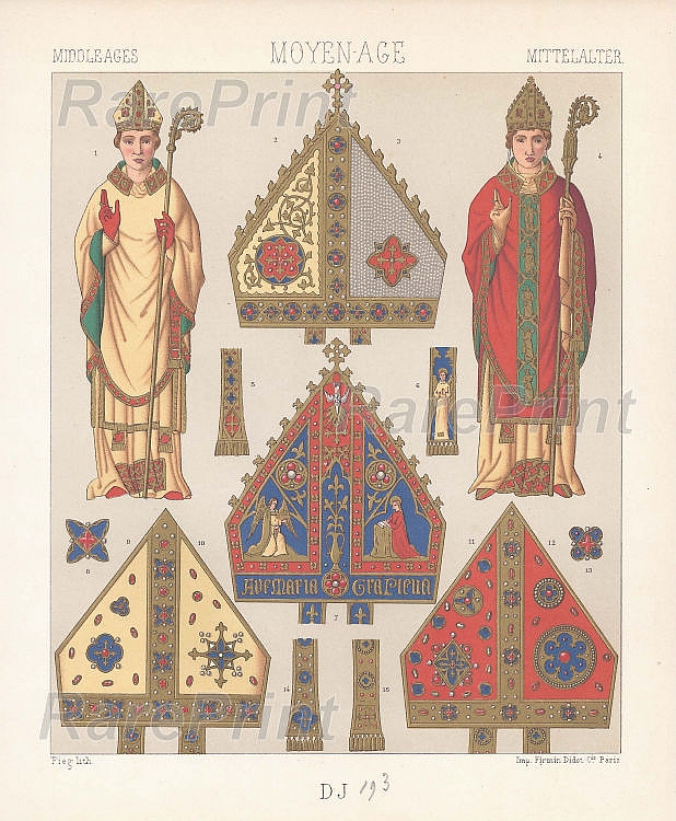 Mitres, Garb, and Insignia of the Bishop — engraving — &nbsp; 'Moyen - Age'. Mitres, Garb, and Insignia of the Bishop. &nbsp; Technique, Material:&nbsp;Chromolithograph / P...