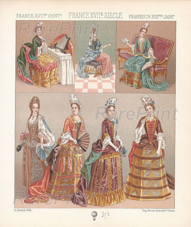 Women's dresses, XVII century (2) — engraving — &nbsp; 'France&nbsp; XVII siecle'. France XVII century. Fashionable women's dresses. &nbsp; Technique, Material:&...