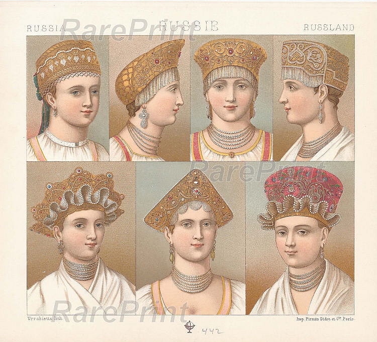 Russian hats and kokoshniks — engraving — &nbsp; "Russie". Russian hats and kokoshniks. Technique, Material:&nbsp; &nbsp;Chromolithograph / Paper Artist: ,&n...