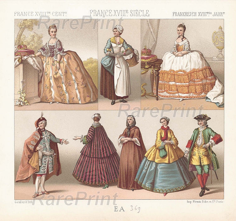 France XVIII century. Fashionable dresses. — engraving — &nbsp; 'France&nbsp; XVIII siecle'. France XVIII century. Fashionable dresses. &nbsp; Technique, Material:&nbsp;Chrom...
