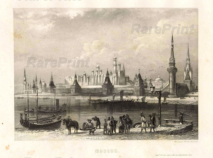 Moscow. View of the Kremlin and crossing — engraving — &nbsp; 'Moscou'. In the engraving, View of the Moscow Kremlin and the crossing of the Moscow River. Edition:&nbsp;Voy...