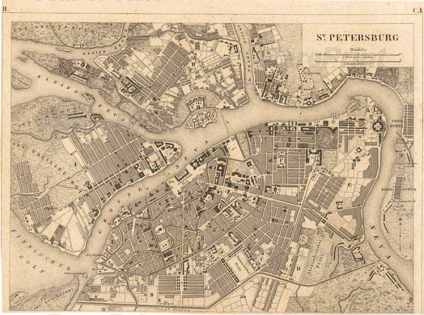 St. Petersburg map 1851 — engraving — &nbsp; St. Petersburg map 1851. Engraved illustrations of the Map of St. Petersburg, from Iconographic Encyclopedia of Scienc...