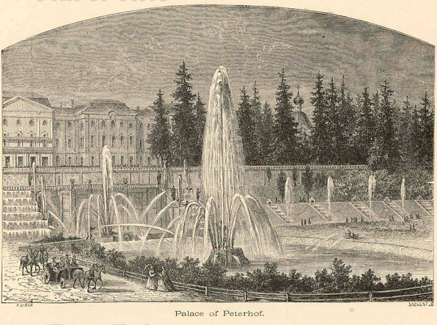 Peterhof Palace — engraving — The Great Peterhof Palace.&nbsp; The Great Peterhof Palace is located on the southern shore of the Gulf of Finland, 29 km fro...