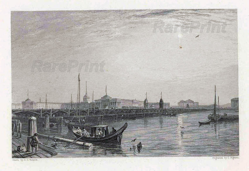 The Isaak Bridge and the Admiralty — engraving — &nbsp; View of the Isaac Bridge and the Admiralty, St. Petersburg. &nbsp; In the engraving, a view from the right bank of the...
