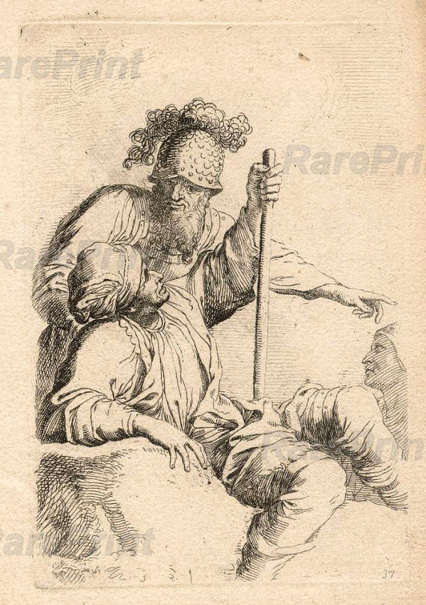 Man with Cane, Seated, and Soldier in Helmut — engraving — &nbsp; Three warriors, one seated on a foreground rock holding a staff; the second standing behind him pointing; the third se...