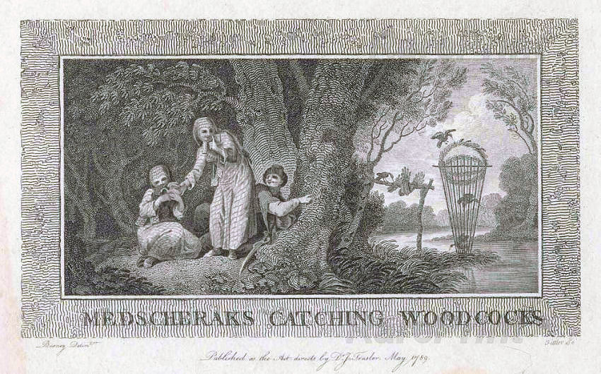 Medscheraks catching woodcocks — engraving — &nbsp; Medscheraks catching woodcocks. &nbsp; Three people hiding as birds fly into their trap; an illustration from Dr John ...